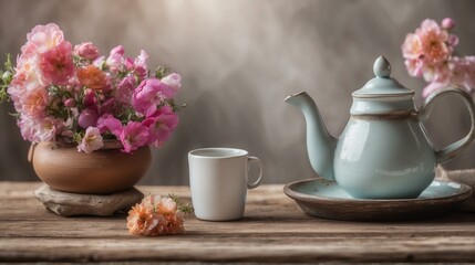 Obraz na płótnie Canvas A serene setting featuring a pastel blue teapot with a matching cup and a bouquet of fresh pink flowers displayed in a rustic vase
