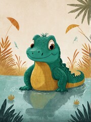 A cheerful illustration of a friendly alligator wading through a swamp with tropical plants and fish