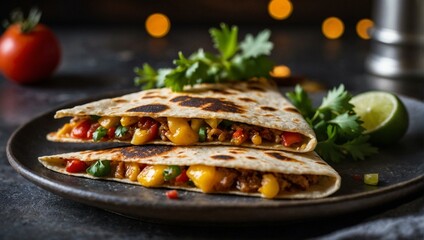 A scrumptious chicken quesadilla with vegetables, plated and ready to be served, with garnishes - obrazy, fototapety, plakaty