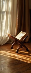 A solitary Quran on a wooden stand, bathed in the soft light of the early morning