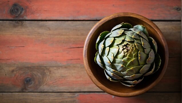 A single fresh artichoke sits in a wooden bowl on a red painted wood background, showcasing the vegetable's unique texture and form