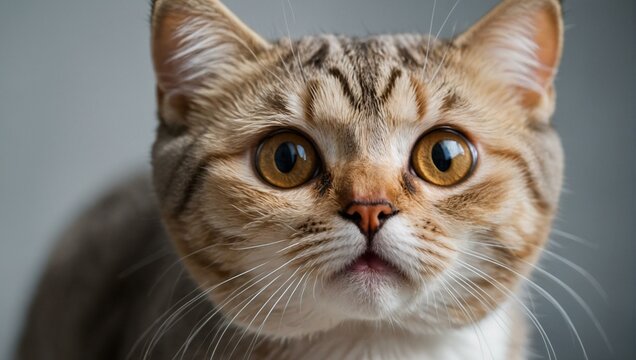 Intense close-up of a wide-eyed British Shorthair cat with an expressive face indicating curiosity and attentiveness