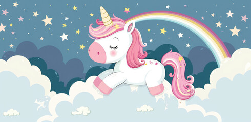 Cute cartoon unicorn with a long mane and tail, surrounded by clouds and rainbows, vector illustration for a children's book