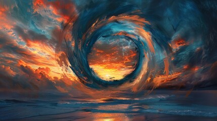 A swirl of cerulean and peach, blending into a sunset sky on a canvas of dreams - obrazy, fototapety, plakaty