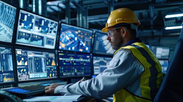 An engineer working in a control room in a vast mineral extraction site 
