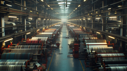 A bustling textile factory with rows of looms and spinning machines, currently at rest but ready to produce fabrics of various colors and patterns