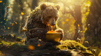 A large, fluffy bear sits on a mossy log, holding a golden pot of honey, bees buzzing gently around in the warm sun