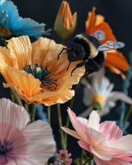 An origami bumblebee buzzes around realistic flowers, its tiny paper body hovering, collecting nectar from the vibrant blooms