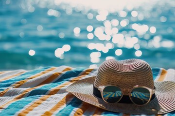 Closeup of a sunhat and sunglasses on a striped beach towel, with the shimmering ocean in the background