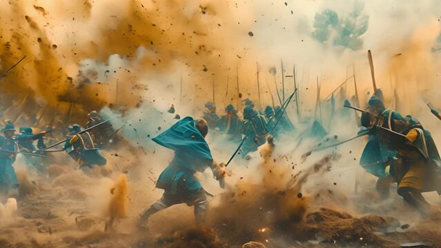 Old japanese samurai battle with swords katana and explosion gunfire