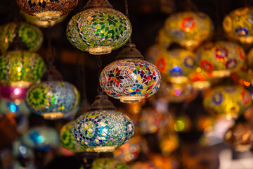 Turkey. Market With Many Traditional Colorful Handmade Turkish Lamps And Lanterns. Lanterns Hanging...