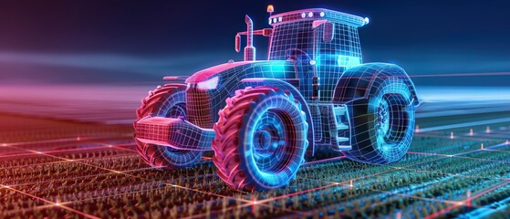 Precision agriculture concept, tractor holography on grid - obrazy, fototapety, plakaty