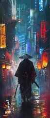 Samurai facing modernity, anachronism in urban lightscape, a juxtaposition of epochs