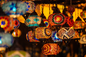 Turkey. Market With Many Traditional Colorful Handmade Turkish Lamps And Lanterns. Lanterns Hanging...