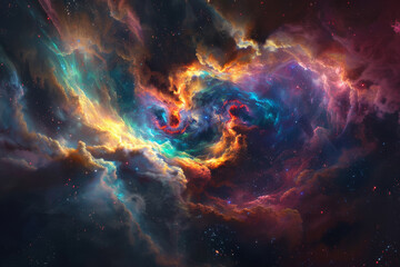 A colorful nebula with a blue and orange swirl - obrazy, fototapety, plakaty
