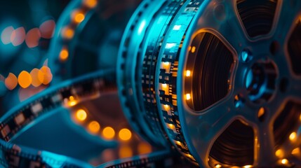 Cinematic Film Reels Close-Up with Ambient Backlight - obrazy, fototapety, plakaty