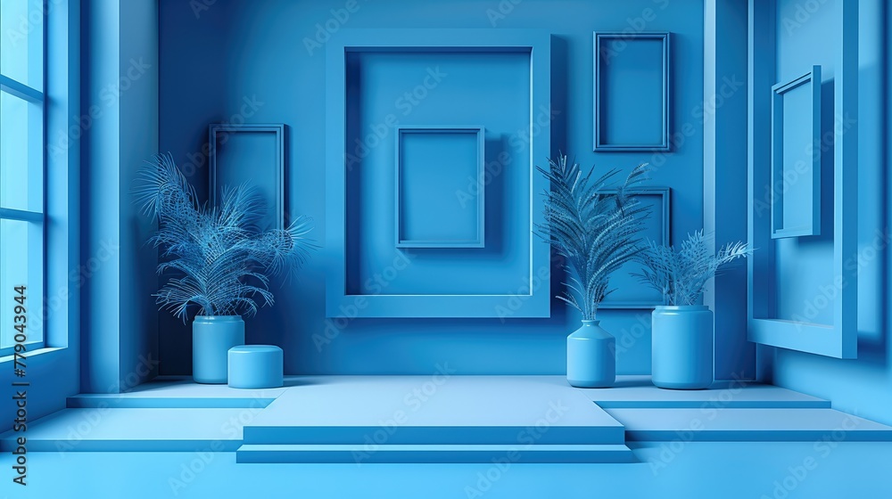 Aufkleber A 3d render of neatly organized several simple minimalistic frames on an isolated cobalt blue background. Generative AI.