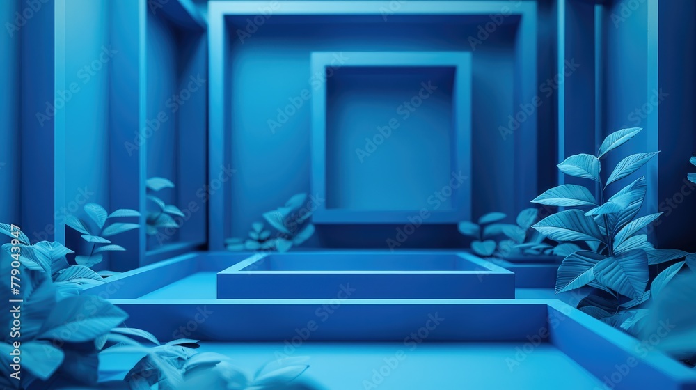 Poster A 3d render of neatly organized several simple minimalistic frames on an isolated cobalt blue background. Generative AI.