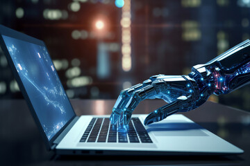 A robotic hand is typing on a laptop. Artificial intelligence concept. Future of Technology.  - obrazy, fototapety, plakaty