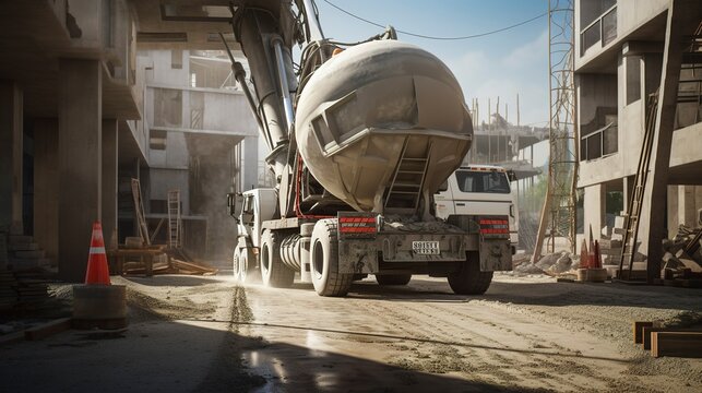 A photo of a cement truck on a construction project.