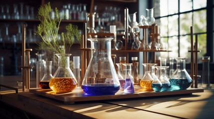 Fototapeta na wymiar A photo of a chemistry set with beakers and test tube