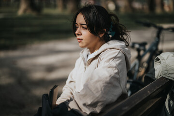 Young girl sits thoughtfully on a park bench, encapsulating a leisurely weekend vibe and carefree...