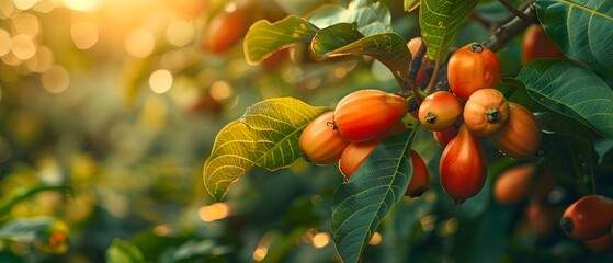Sunlit Cashew Bounty: Nature's Harmony. Concept Cashew Plantations, Nut Harvesting, Tropical Forest Ecosystems, Sustainable Agriculture, Organic Farming - obrazy, fototapety, plakaty