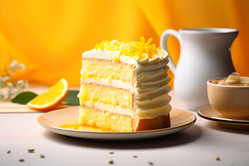 A piece of lemon cake on a plate on a yellow background.Concept template for advertising pastry shop, restaurants, menus and recipes.