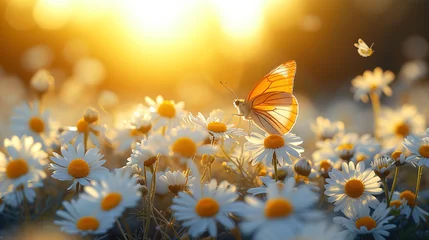 Tuinposter Sunlit Daisy in the Gold beauty of a field with fluttering butterflies landscape © S-Rika