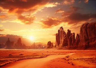 Stunning photography of a desert landscape at sunset with vibrant red rocks and sand - obrazy, fototapety, plakaty
