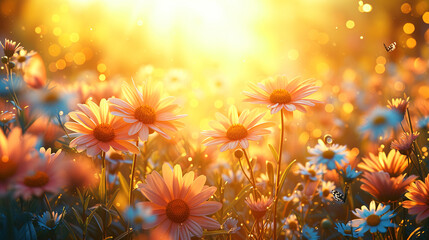 Fototapeta na wymiar Sunlit Daisy in the Gold beauty of a field with fluttering butterflies landscape