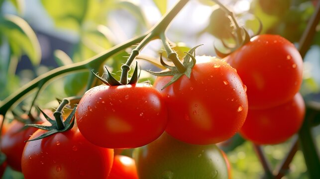 A photo of a close-up of fresh tomatoes on the vine.