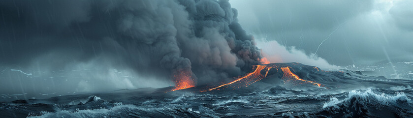 Storm clouds loom over a volcano, lava pours forth, freezing winds clash, turning the surrounding snow into a steamy haze