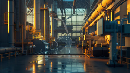 A cutting-edge renewable energy plant with wind turbines and solar panels, temporarily at rest but capable of generating clean electricity