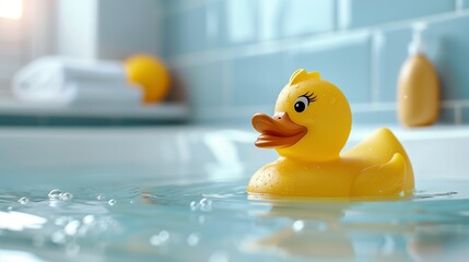 A yellow rubber duck floating in a bathtub. Horizontal photo with copy space.