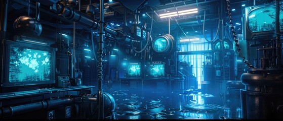 Hyper-realistic scene of an underwater lab observing the evolution of artificial life forms, bathed in the blue glow of monitors - obrazy, fototapety, plakaty
