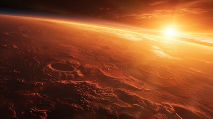 Hyper-realistic image of a terraforming project on Mars, with chemicals altering the atmosphere, illuminated by the setting sun