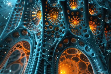 Detailed view of an alien civilization's mathematical temple, with intricate fractals illuminated by otherworldly lights - obrazy, fototapety, plakaty