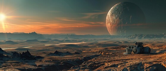 Hyper-realistic image of a terraforming project on Mars, with chemicals altering the atmosphere, illuminated by the setting sun - obrazy, fototapety, plakaty