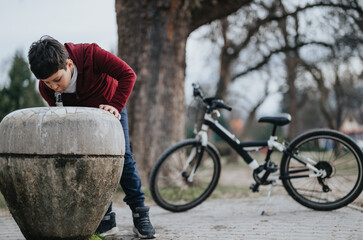 A young kid takes a break to drink water from a fountain in the park with his bicycle in the...