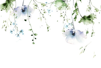 Watercolor painted floral seamless frame on white background. Violet, blue wild poppy flowers, green branches, leaves.