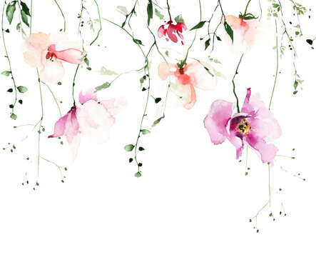 Watercolor seamless floral border frame on white background. Pink, orange wild flowers, branches, leaves and twigs.