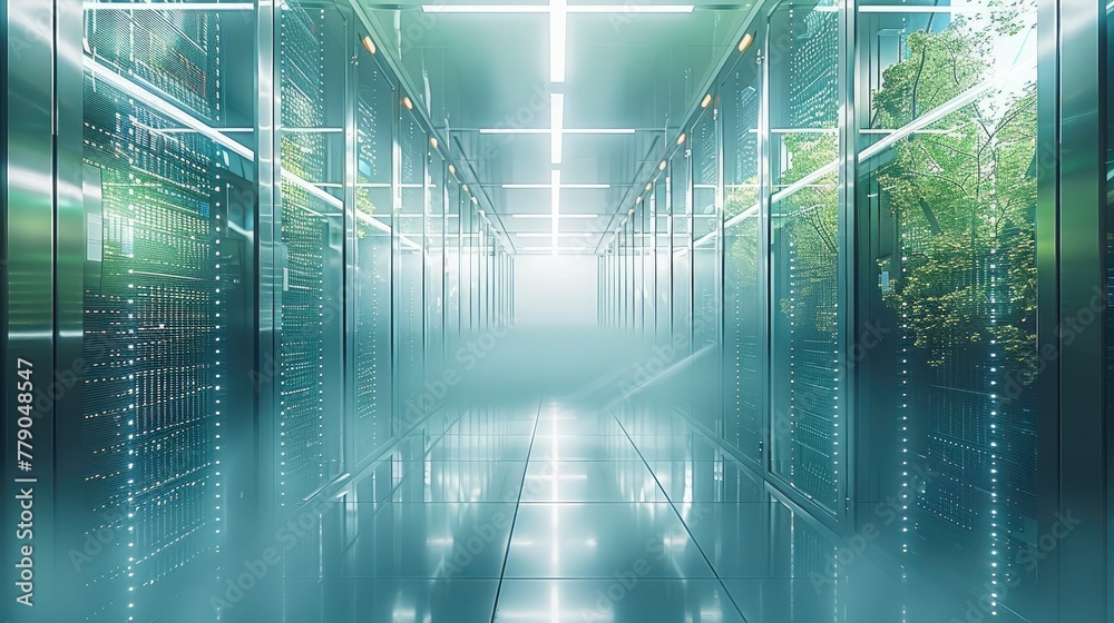 Poster a sustainable practices in the it industry, emphasizing eco-friendly data centers, energy-efficient 