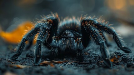 Macro shot of tarantula highlighting velvety body, intricate hairs, and textured legs - obrazy, fototapety, plakaty