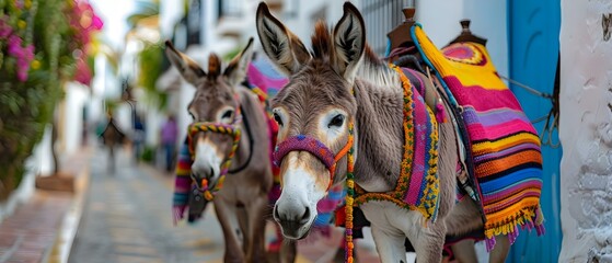 Colorful Donkeys of Mijas, Spain - A Quaint Tourist Delight. Concept Travel Photography, Animal Portraits, Cultural Exploration, European Landscapes