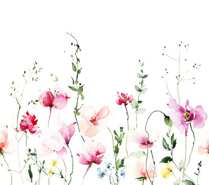 Watercolor floral seamless border frame on white background. Pink, orange growing wild flowers, herbs, leaves and twigs.