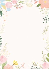Obraz premium Pink and blue flowers with green leaves frame on beige background, botanical, art deco, interior, flat