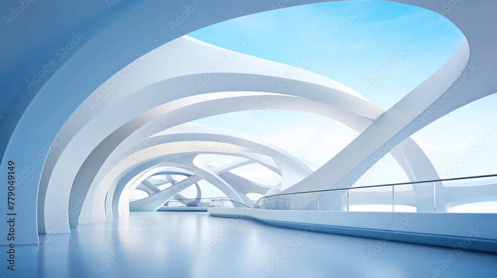 Poster Abstract architecture scene with smooth curves. Abstract background with futuristic building in white and blue colors.