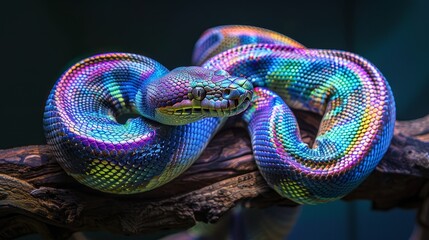 Iridescent rainbow boa constrictor coiled on branch  dramatic lighting accentuates reflective scales