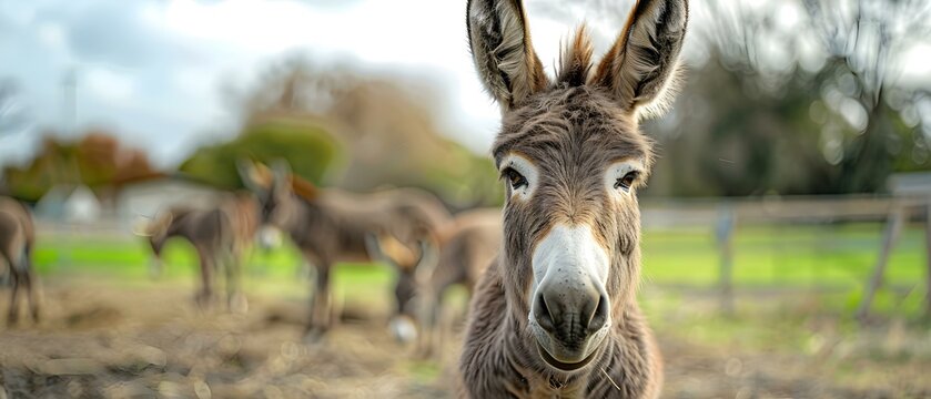 Serene Donkey Portrait with Herd in Backdrop. Concept Donkey Portraits, Serene Animal Photography, Herd in Backdrop, Nature Scene, Peaceful Wildlife Shots